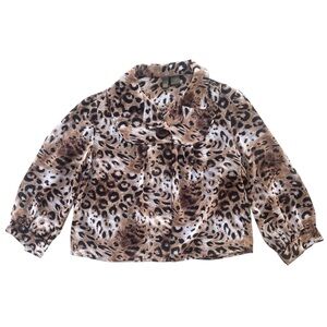 Serenade Womens Medium Brown Leopard Print 3/4 Sleeve Collar Button Sheer Blouse